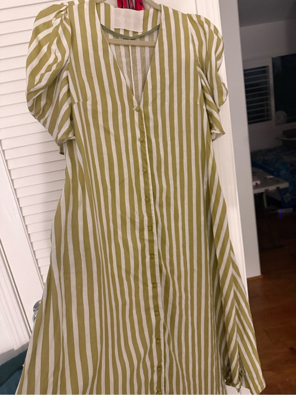 Green & White Vertical Stripe Button-Front Dress Linen MYLAN made in Japan